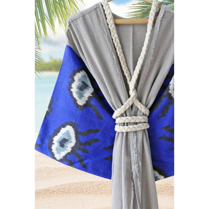 Silk Ikat Muslin Robe Blue Evil Eyes for wholesale by MIASETA
