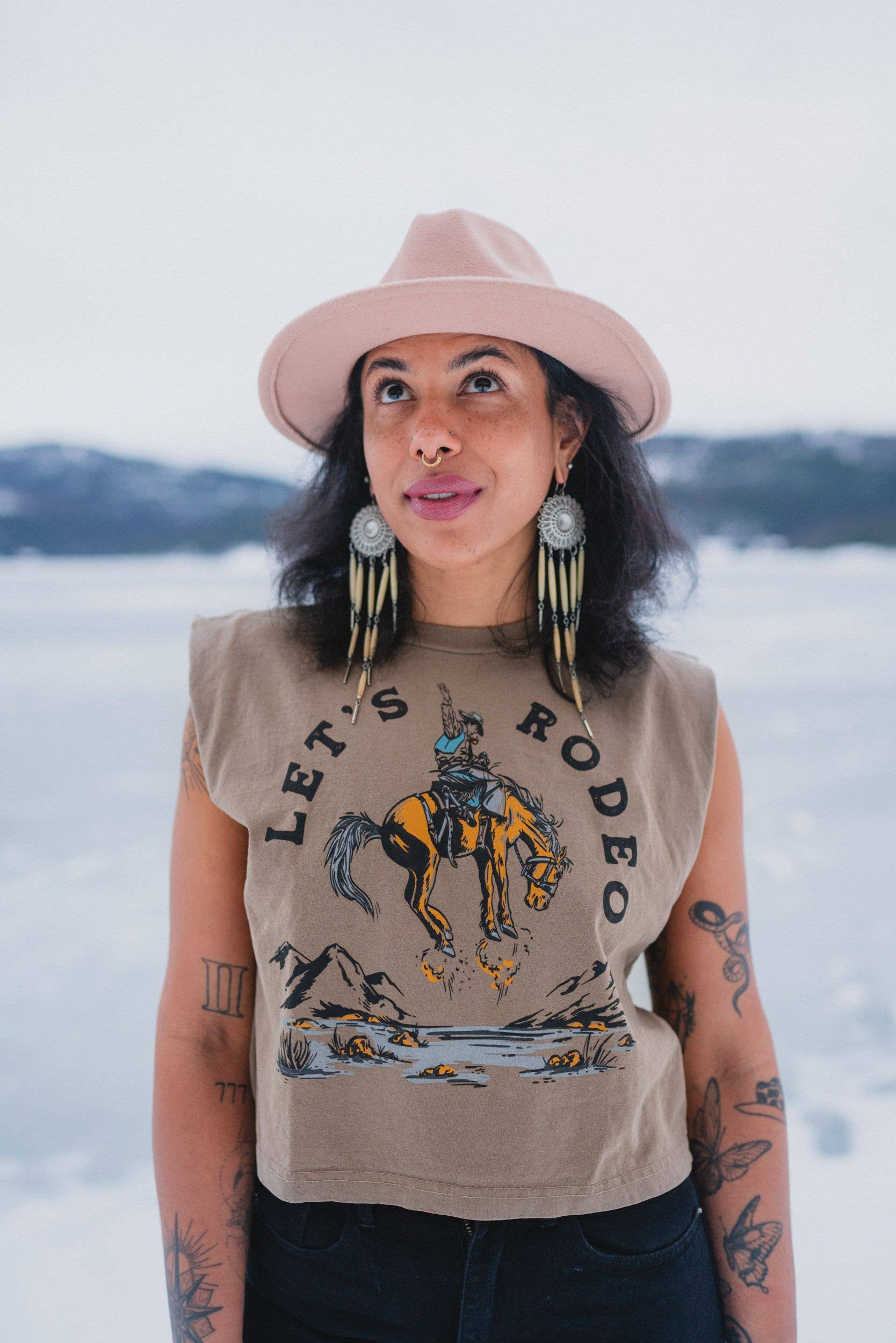 The Montana Scene - Wholesale Screen Printed T-Shirt - Women's - Let's Rodeo Ladies Muscle Tee - Faded Brown1