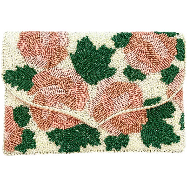 PEACH FLORAL BOUQUET BEADED CLUTCH for wholesale by Pizzazz, Inc.