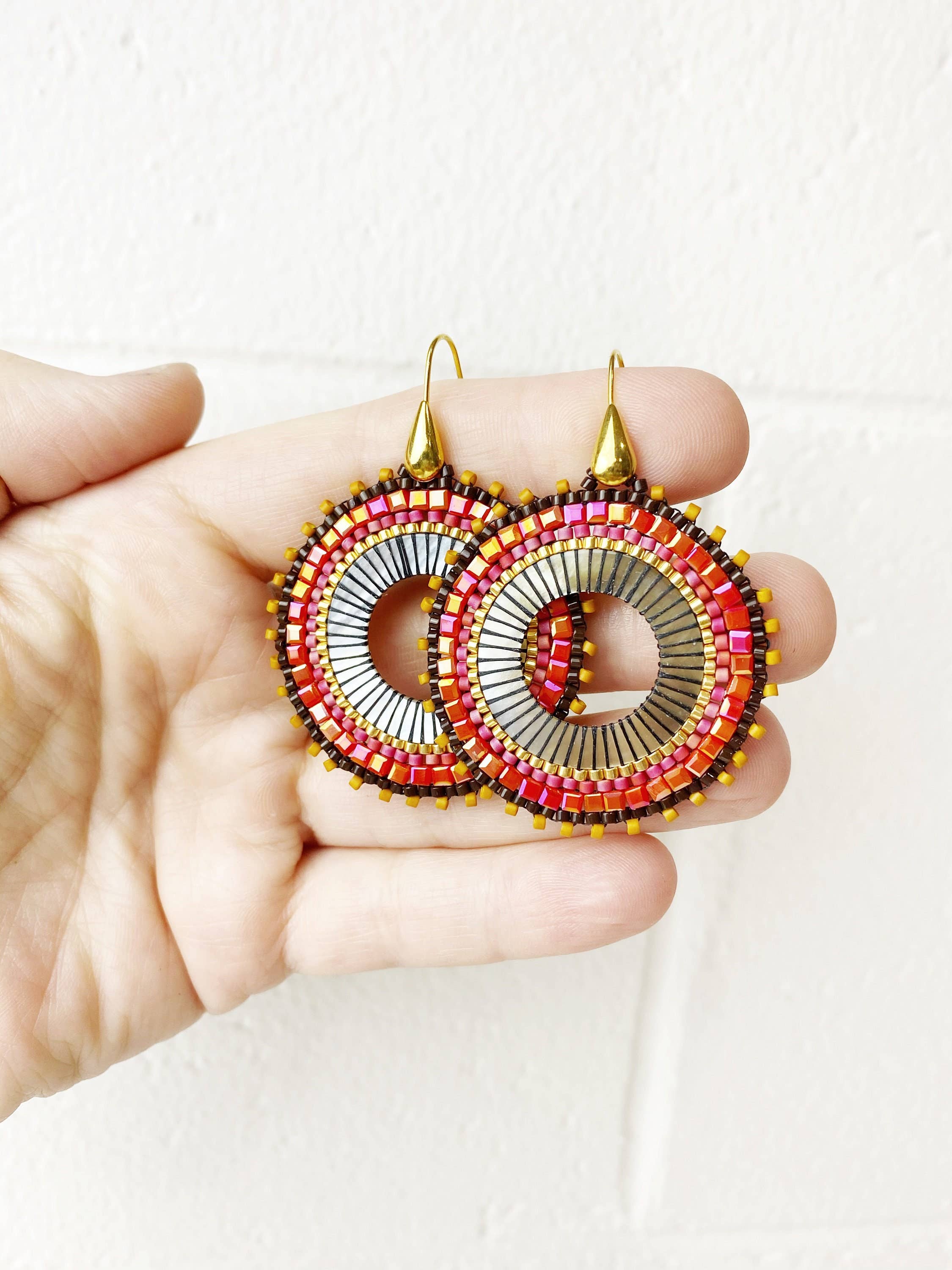 Black Lamb Design - Wholesale Dangle earrings - Coral Orange Sunset Handwoven Mandala Earrings