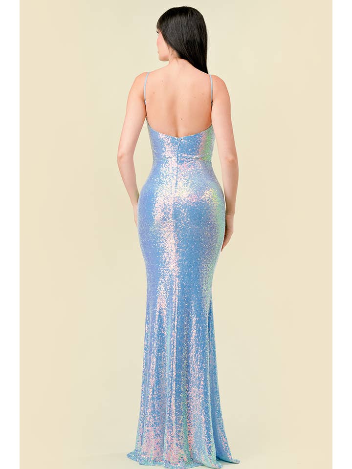 Lovesome - Venta al por mayor Vestido de fiesta - Mujer - CD30175: VESTIDO LARGO PLISADO DE LENTEJUELAS CON CUELLO VUELTO Y ESPALDA ABIERTA8