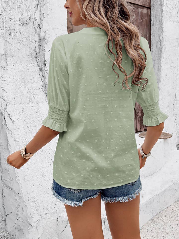 Rosa Clothing - Wholesale Blouse - Women's - embroidered eyelet v-neck short sleeve blouse