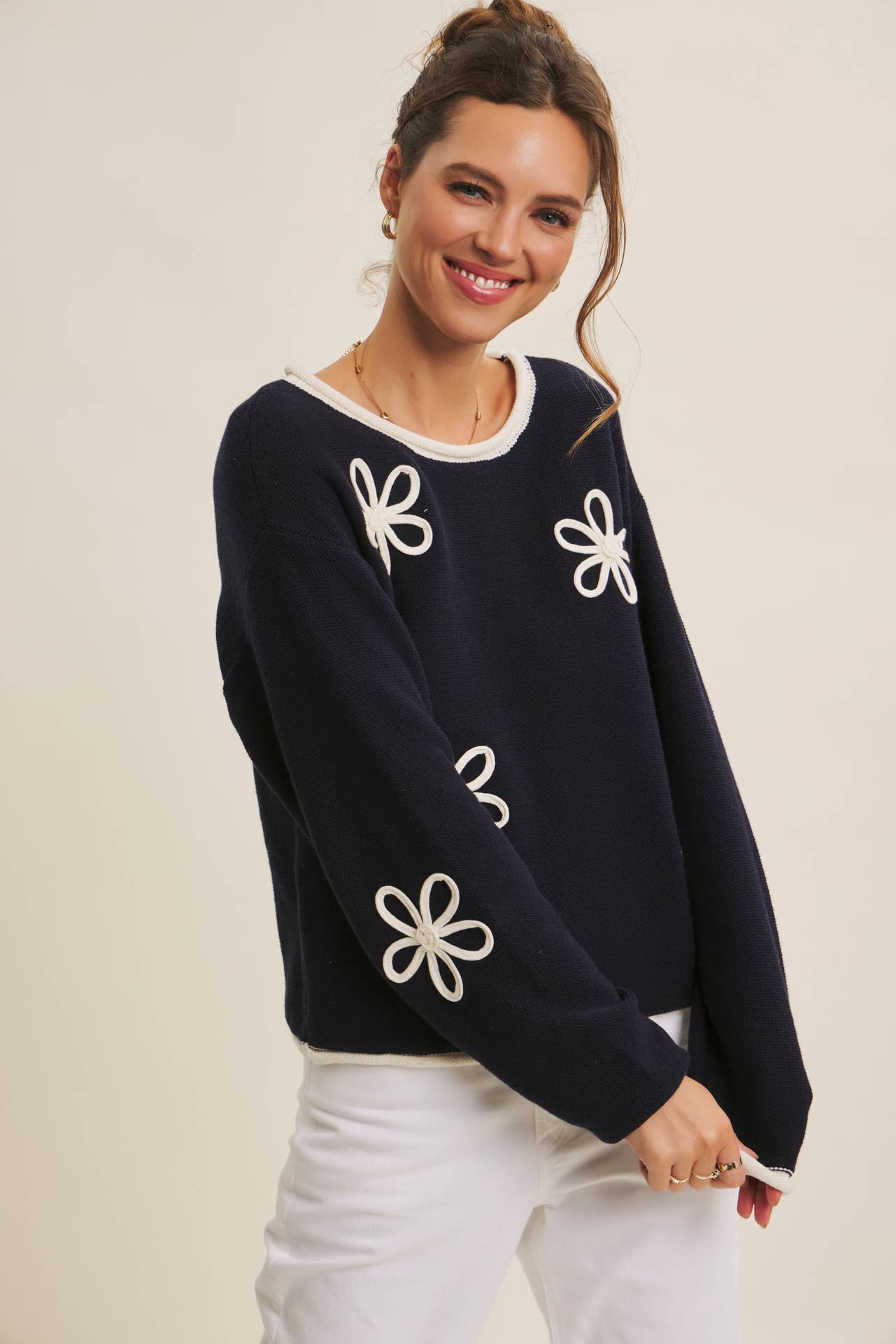 in february - Wholesale Knit Sweater - Women's - EFFORTLESS COMFORT CONTRAST FLORAL APPLIQUE SOFT SWEATER16