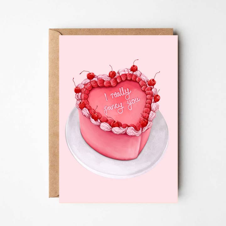 Cute Fancy You Pink Retro Iced Heart Cake Greeting Card Love for wholesale by Katie Tinkler illustration