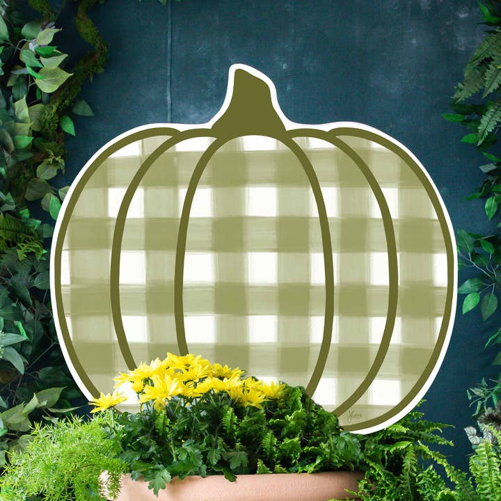 Sage Gingham Pumpkin Garden Stake for wholesale by Songbird Grove Collection