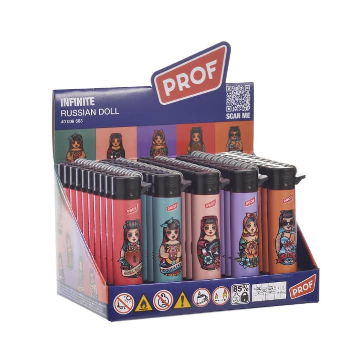 Display of 25 round lighters Russian doll for wholesale by PROF
