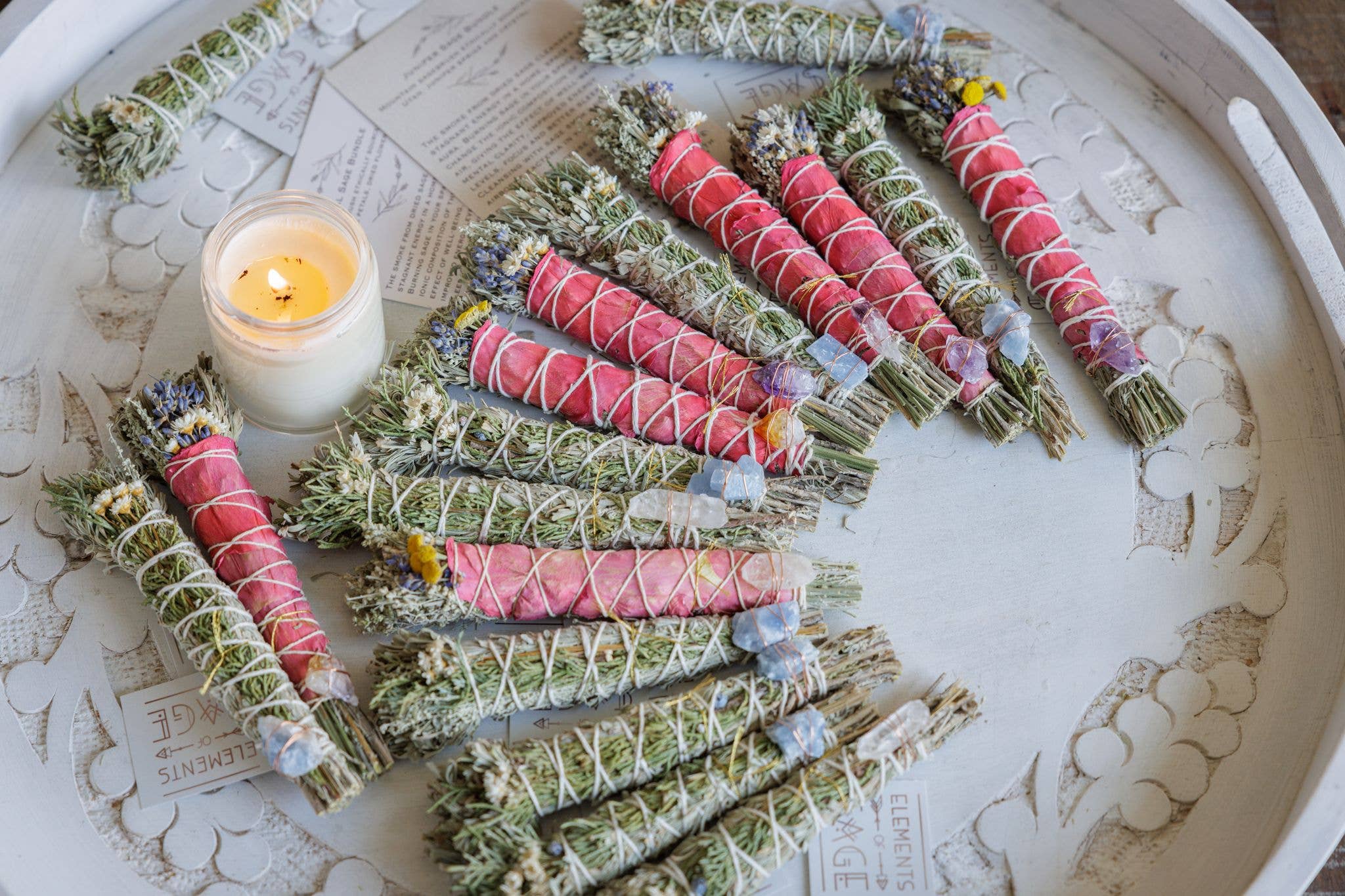 Elements of Sage - Wholesale Sage Bundle - Floral Sage Bundle with crystal, label & info card.7