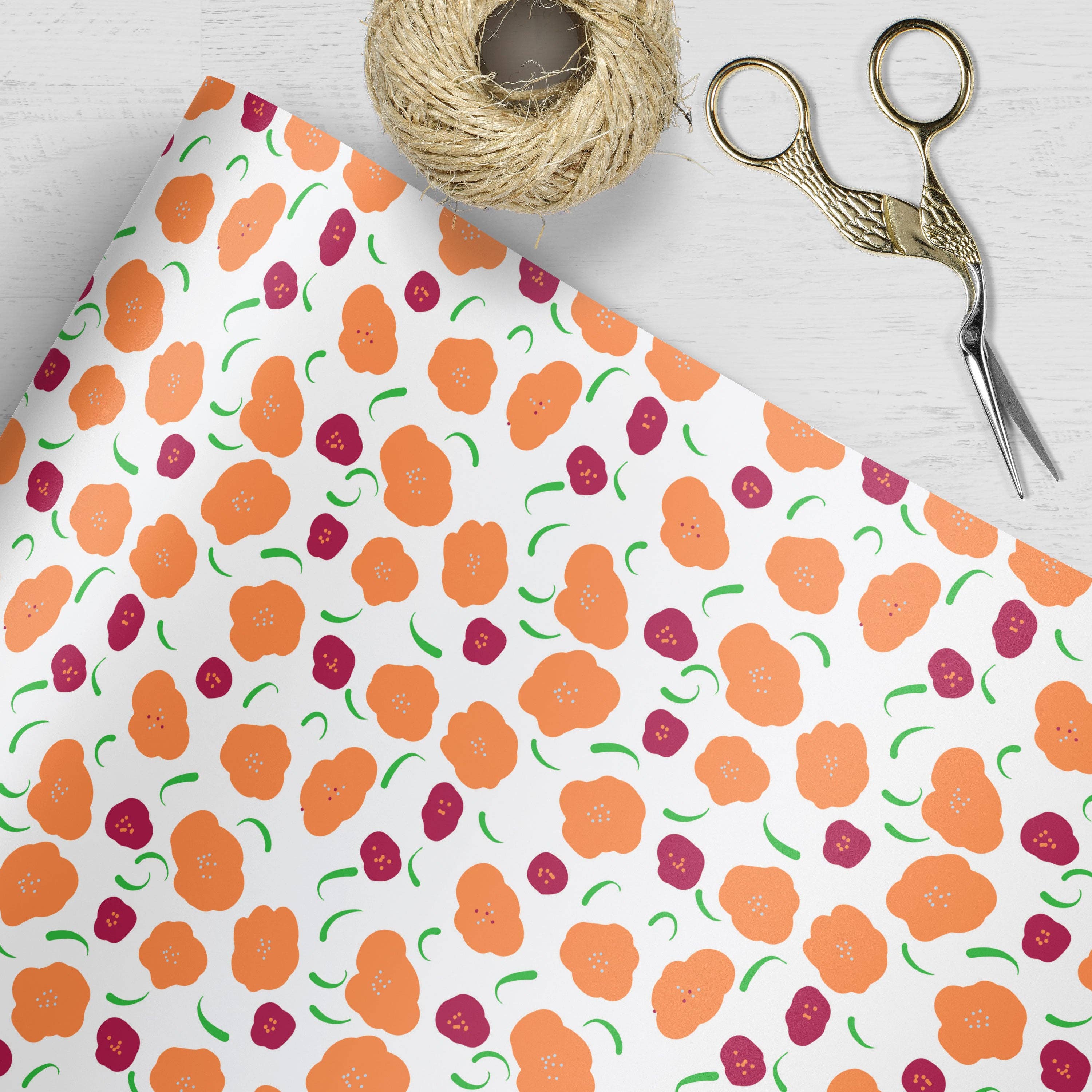 Kartoti Designs - Wholesale Wrapping Paper Roll - Citrus Poppies Orange & Red Floral Wrapping Paper1