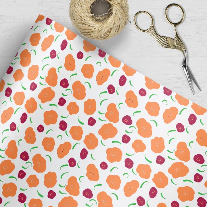 Kartoti Designs - Wholesale Wrapping Paper Roll - Citrus Poppies Orange & Red Floral Wrapping Paper1