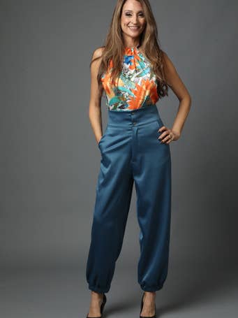 High-bortkastade blå glänsande byxor för wholesale av YAELA