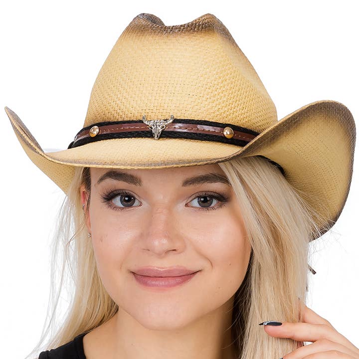 Cap Zone - Wholesale Cowboy Hat - Women's - Buffalo Skull Emblem Belt Quarterhorse Straw Cowboy Hat