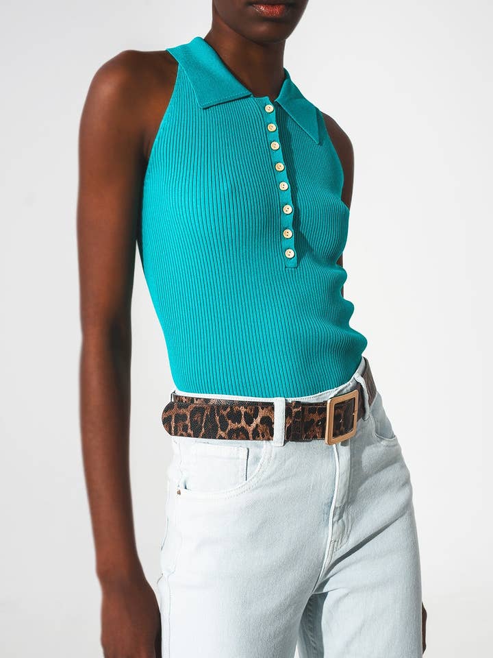Top de punto acanalado con cuello de polo en turquesa para venta al por mayor de Q2—All Orders:Free Duties for the US,UK,and Canada