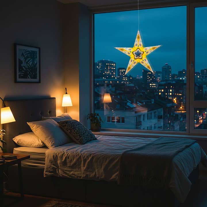 Artschatz LLC - Venta al por mayor Lámpara/farol de papel - Provence ~ 5 puntero, 61 cm, papel amarillo, luz de estrella