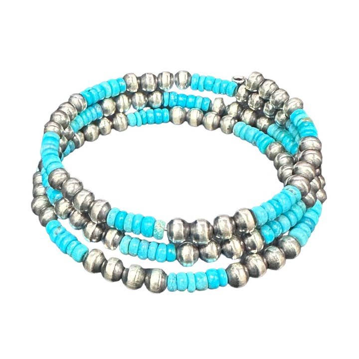 Blå turkis Navajo Pearl Oxidated Bead Wrap Armbånd Sterling Sølv for engroshandel hos Select Lines