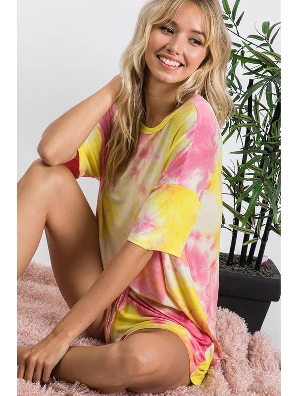 Yellow Pink Tie-Dye High-Waisted Lounge Shorts, WP9465 for wholesale on Faire10