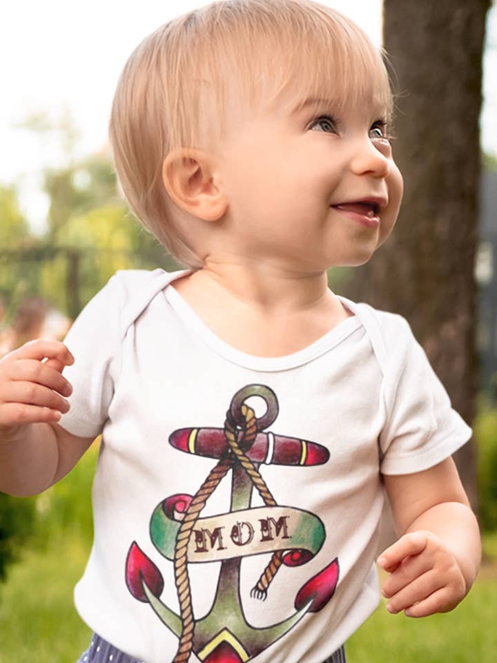 Mom Anchor Tattoo One Piece Baby Bodysuit for wholesale by Acme. Baby Co. LLC