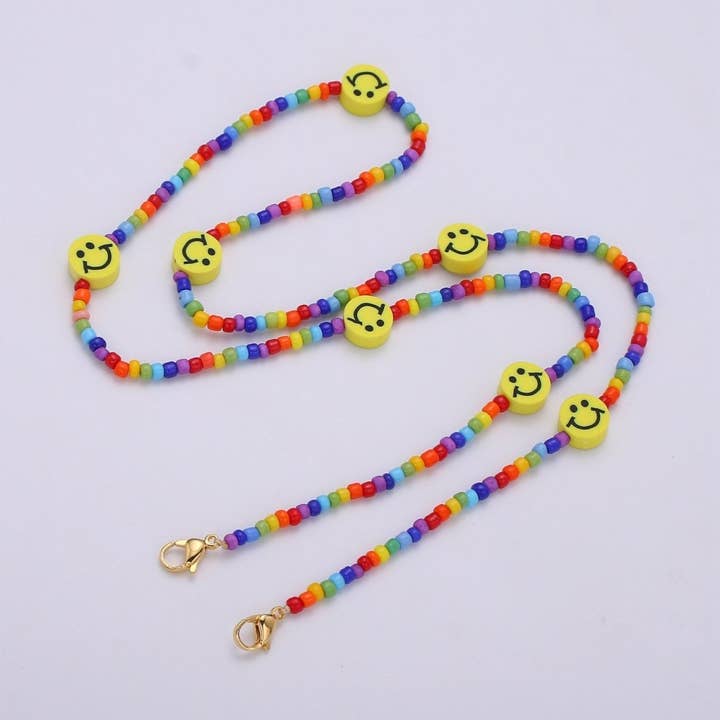 Rainbow Happy Smile Beaded Chain Face Mask Lanyard Necklace Chain for Face Mask Holder for Adult Kids for wholesale by Aim Eternal