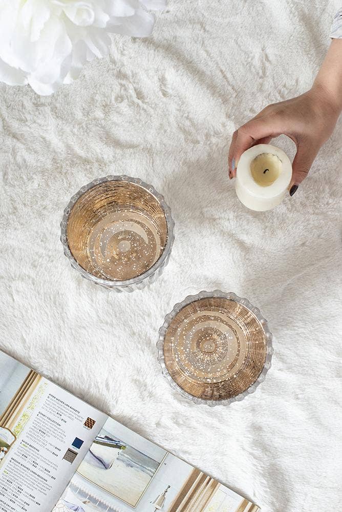 A&B Home Group Inc. – wholesale Candle holder – S/2 4.1x4.1x7" Glass Hurricane Clear/Rose Gold Mercury5