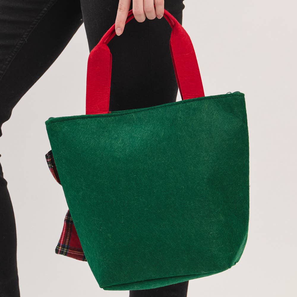 JOIA ACCESSORIES - Wholesale Tote Bag - Women's - CHRISTMAS GREEN TOTE BAG WITH RED PLAID BOW, MB 03215