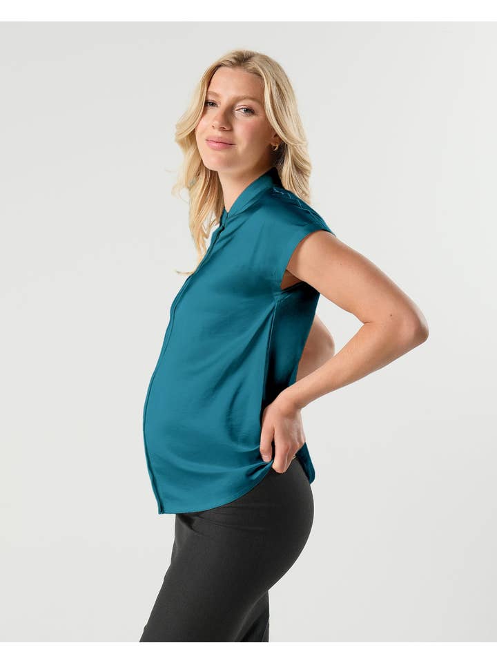 MARION – wholesale Blouse – Women’s – Short Sleeve Satin Maternity Shell Top with Concealed Nursing Zip - Peacock