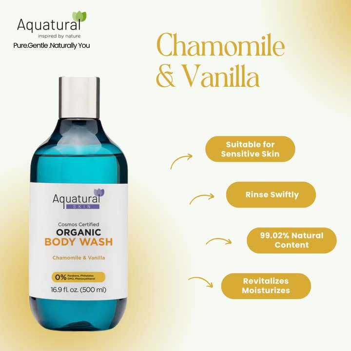 Aquatural Organic Body Wash Chamomile & Vanilla - Plant-Based, Vegan | Cosmos Certified for wholesale by Turgiene