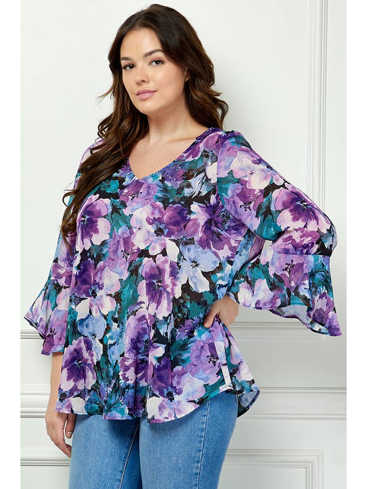 Navy Purple Teal PLUS SIZE RUFFLE SLEEVE V-NECK SWING BLOUSE for wholesale on Faire