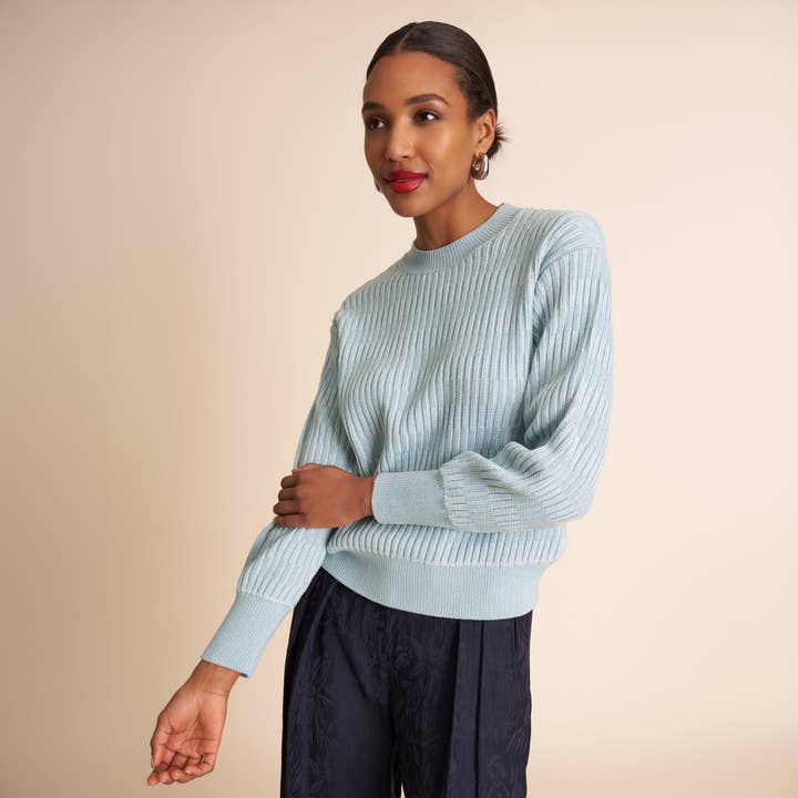 Pull Maura Easy Luxury - Maille à blocs rayés :: Bleu ciel/Ivoire pour la vente par M.M.LaFleur