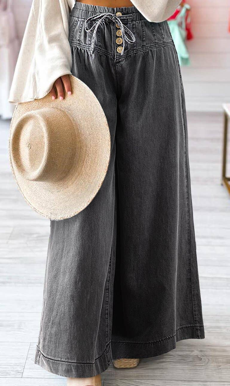 GRIS Jean large taille haute à boutons effet délavé minéral en vente sur Faire0