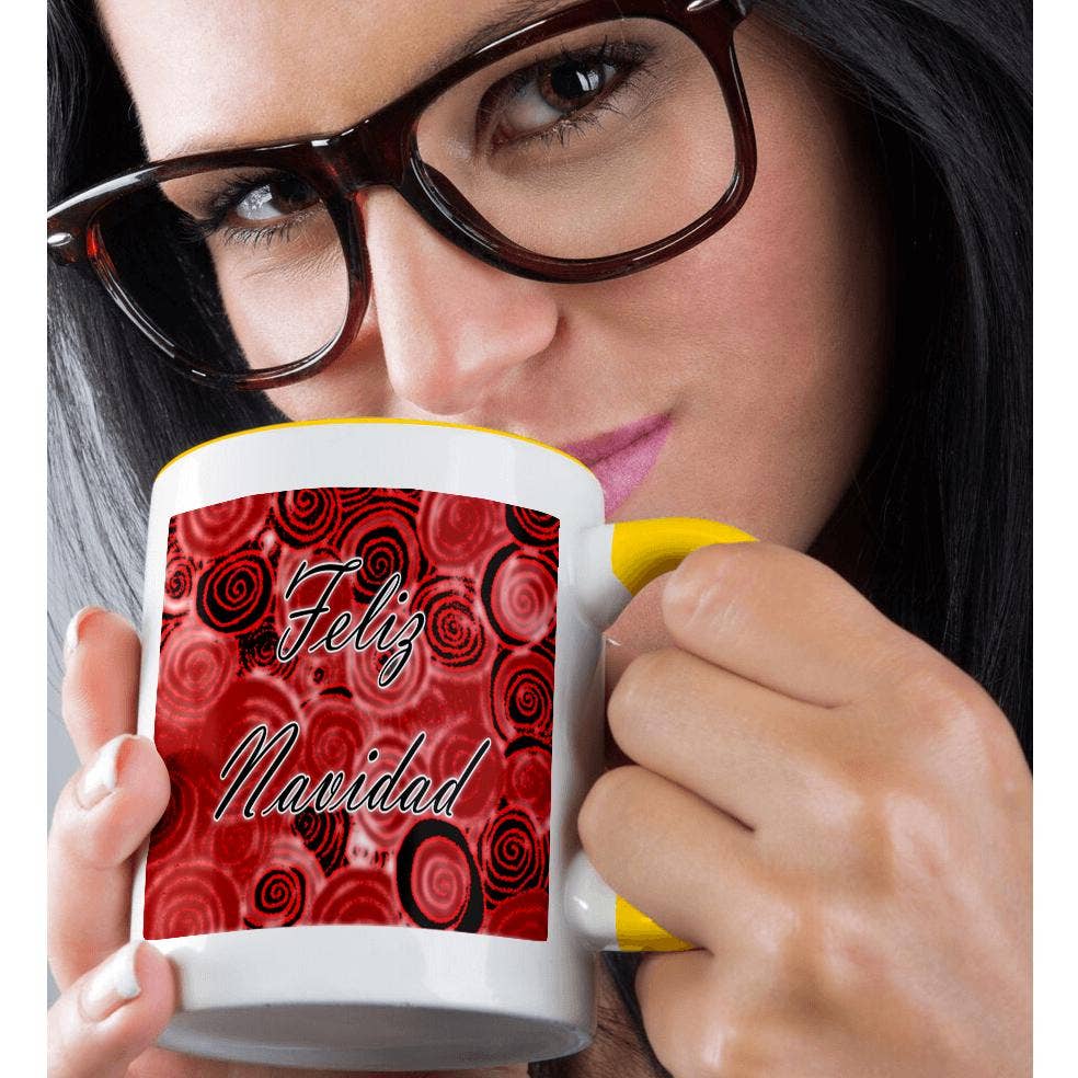 3dRose - Wholesale Coffee Mug - 3dRose, Feliz Navidad on a red and black swirl background, Mug1
