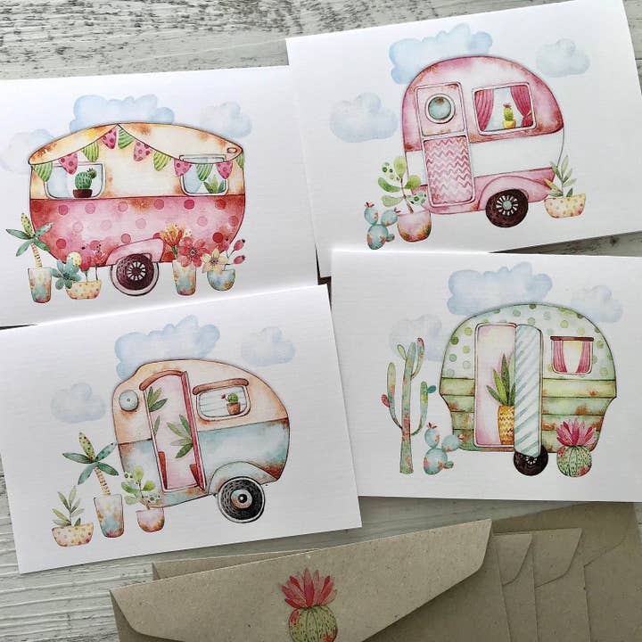 Scattered Seed Co - Wholesale Stationery/notecard set - VINTAGE CARAVANS cards set of 4 - Glamping2