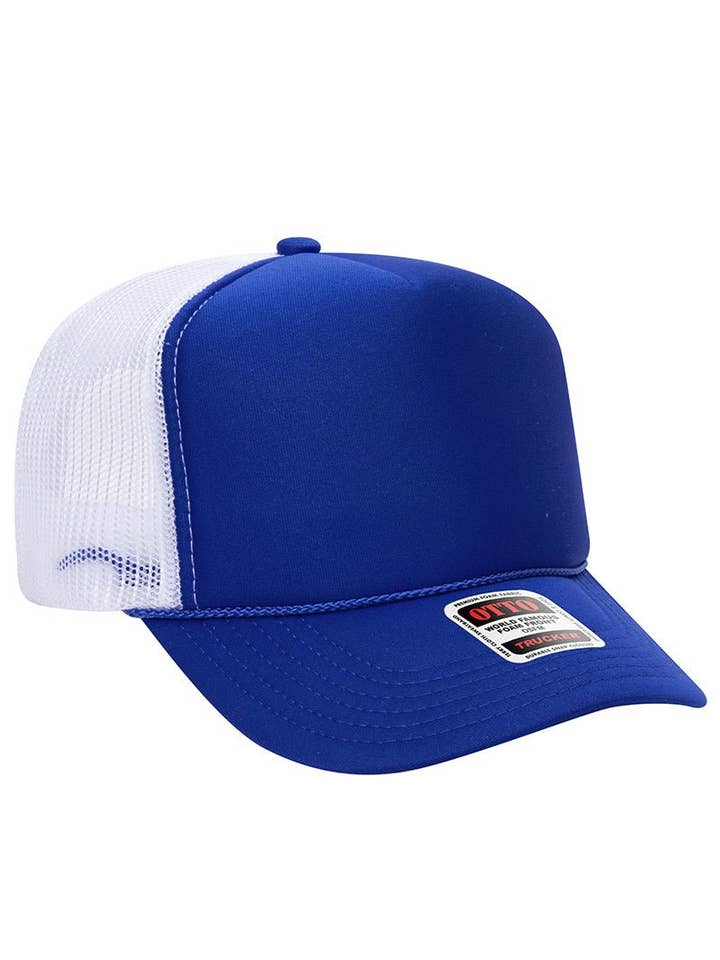 OTTO Royal and White Foam Front High Crown Back Split Color Trucker Hat for wholesale by Wholesale Accessory Market
