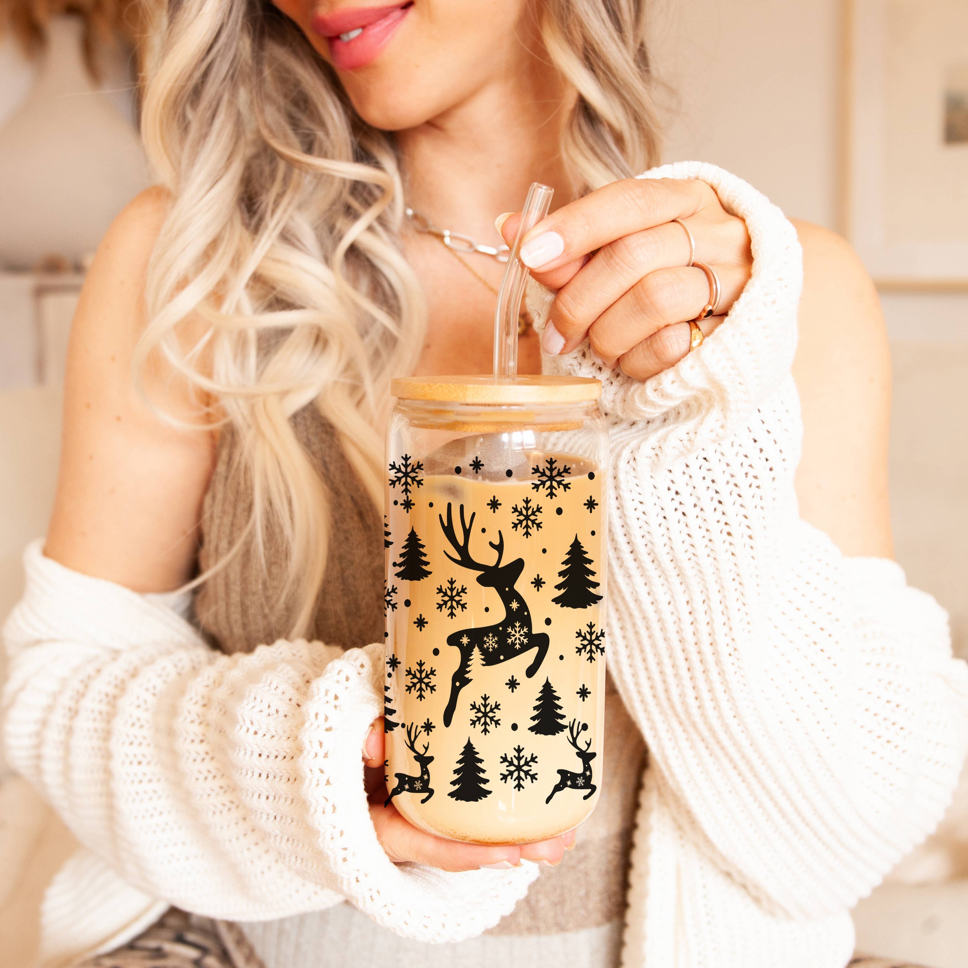 Gia Roma - Venta al por mayor Vaso/copa - Tazas de cristal para café navideñas con pajitas y tapa de madera, diseño de copos de nieve71