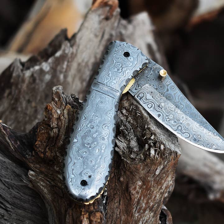 Faca de Bolso Damasco Completa com Pega e Lâmina de Damasco, faca dobrável com trava de forro, faca camping, faca de caça com bainha de couro premium (FK-09) por atacado de SHINY CRAFTS