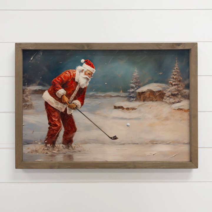 Santa Playing Golf in the Snow - Funny Santa Canvas Art for wholesale by Hangout Home