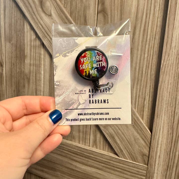AbstractbyRabrams - Wholesale Badge Accessory - Unisex - You are Safe With Me Badge Reel - Progress Pride Badge Reel