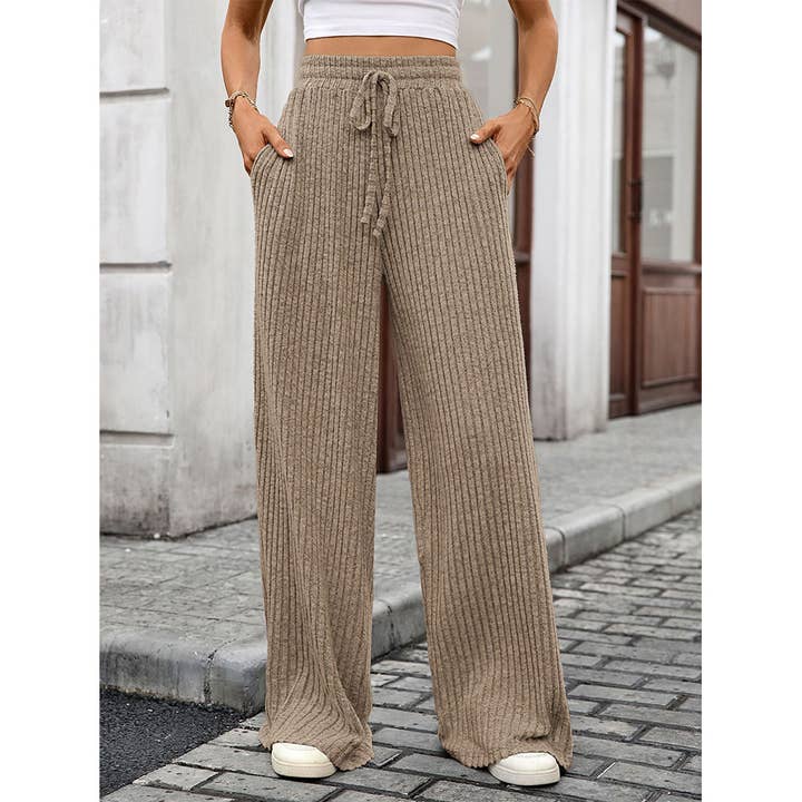 UNISHE - Wholesale Pants - Women's - Solid Drawstring Ribbed Brushed Elastic Waist Pants HLL2833