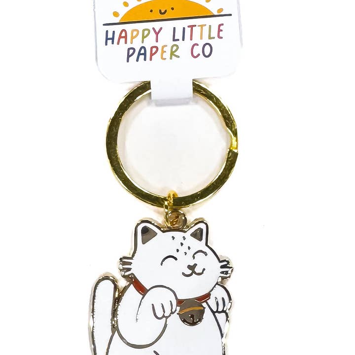 White Cat Enamel Keychain for wholesale by Happy Little Paper Co