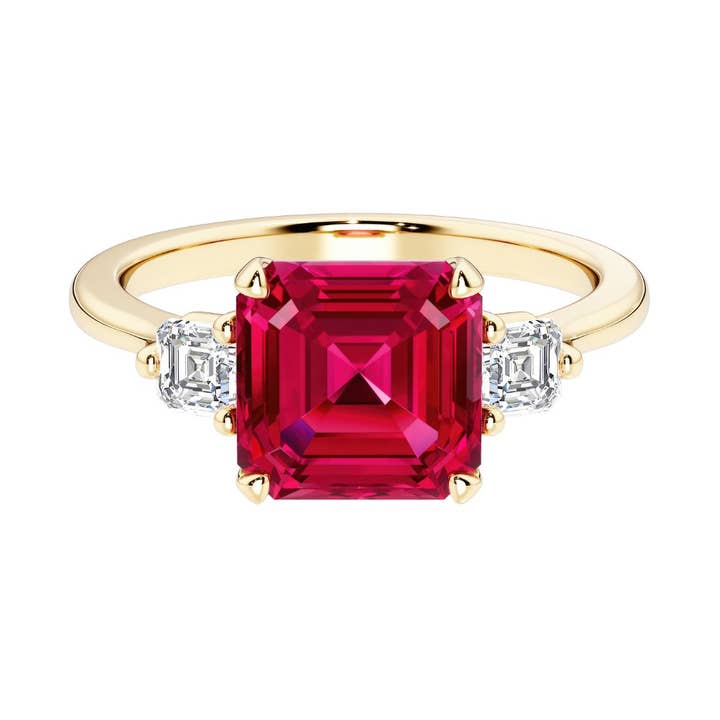 Anello in oro 14k con rubino Asscher da 3,75 ct e diamanti per la vendita all'ingrosso da parte di DV Custom Jewelry USA