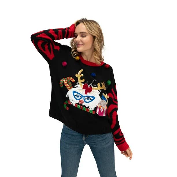 Black ABW37-A Women's Festive Kitty Ugly Christmas Sweater for wholesale on Faire1
