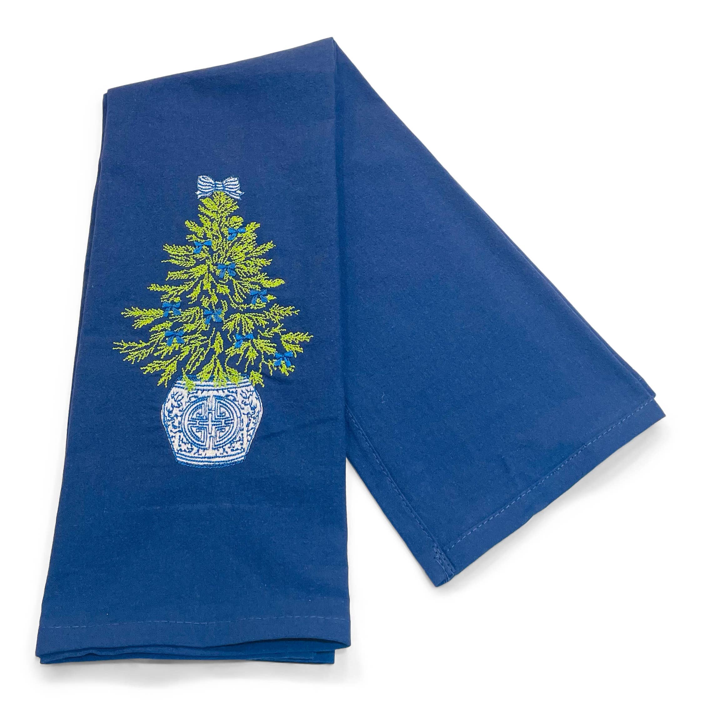 Vibrantly Blue - Vente Torchons - Serviette - Arbre Chinoiserie avec nœuds bleus sur fond marine1