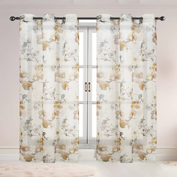 ShopBobbys - Wholesale Curtain - Alaina 2 Pack Floral Sheer Voile Grommet Window Curtain Panel, 37x84 Inches