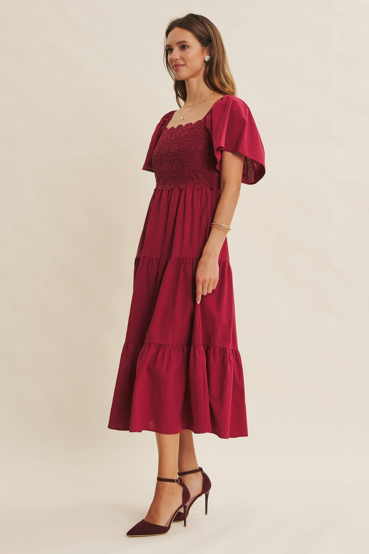 in february - Wholesale Dress - Women's - ESSENCE OF FALL TIERED CROCHET MIDI DRESS WITH FLUTTER SLVS30