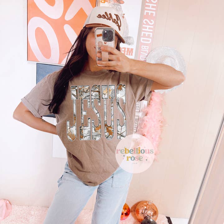 Camo Jesus Graphic T-shirt for wholesale by Rebellious Rose LLC