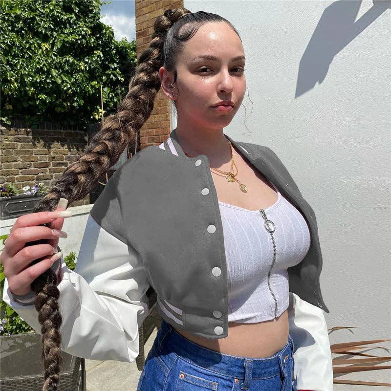 MB Fashion Wholesale - Wholesale Varsity/Baseball Jacket - Women's - MB FASHION CROPPED BUTTON DOWN JACKET 6466R11