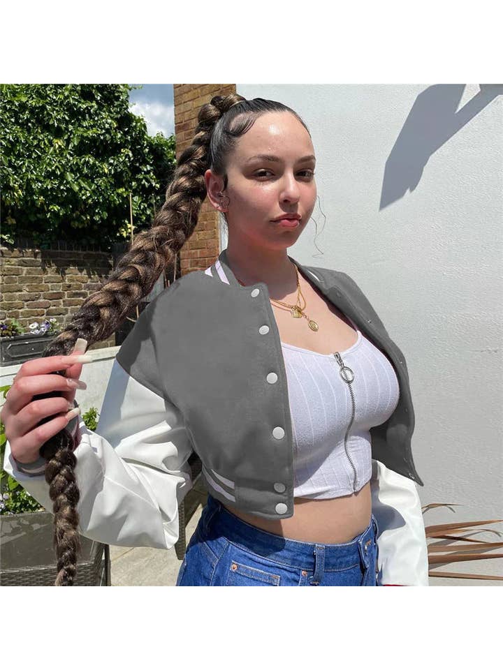 MB Fashion Wholesale - Wholesale Varsity/Baseball Jacket - Women's - MB FASHION CROPPED BUTTON DOWN JACKET 6466R11