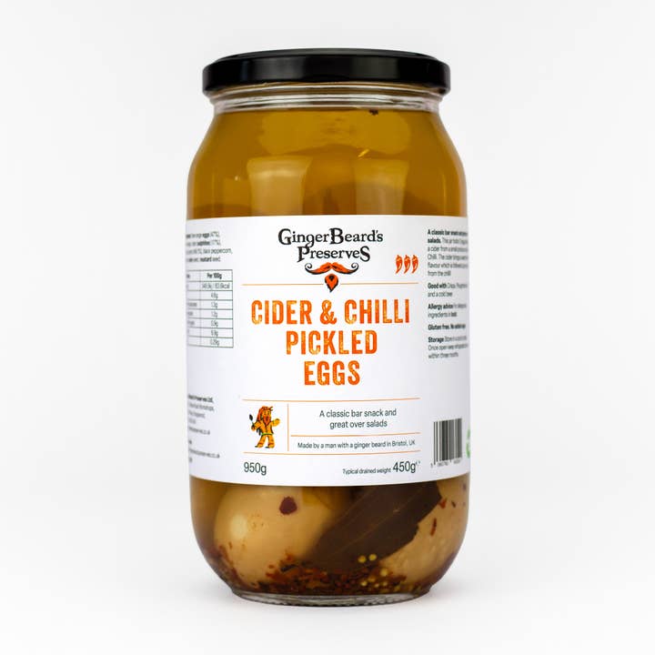 Cider & Chilli Pickled Eggs for wholesale by GingerBeard's Preserves