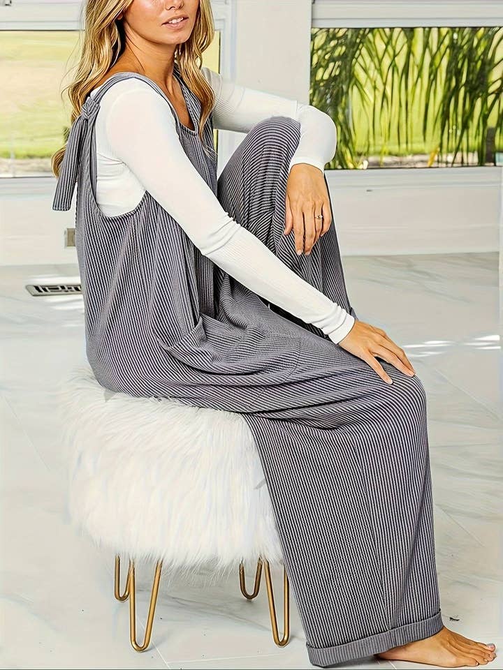 Sleek Grey V-neck Jumpsuit Essential wide leg Playsuit for wholesale on Faire