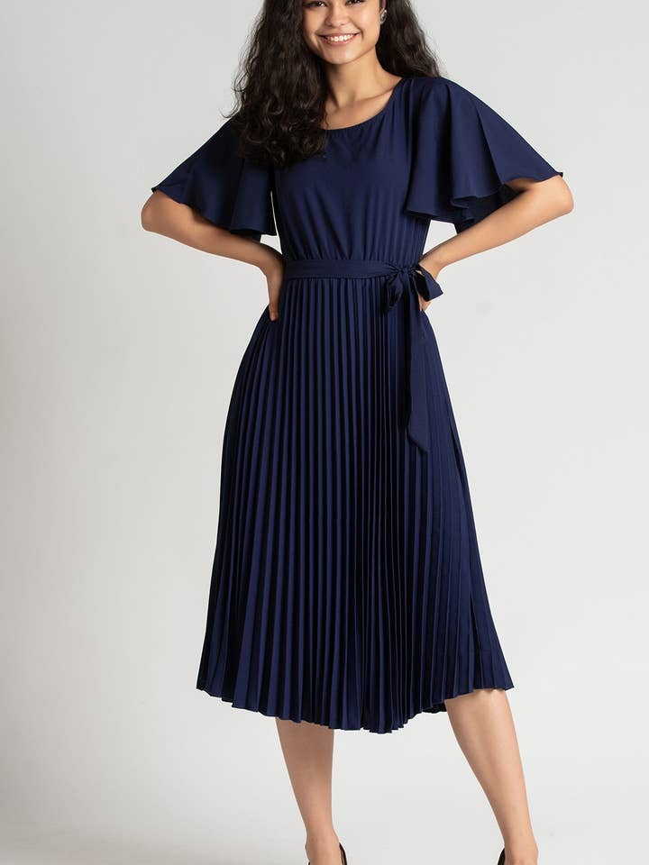 Women Western Navy Blue Pleated Long Dress | Stylish Latest Dresses for wholesale by STYLE INSTANT
