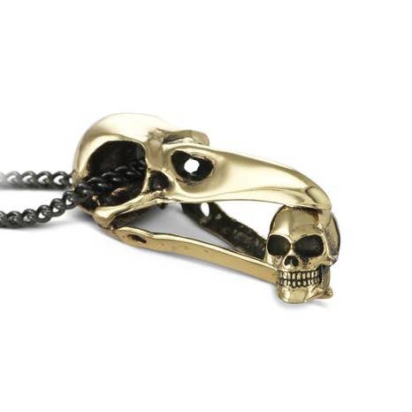 Raven Skull With Human Skull Necklace - Bronze for wholesale by Lost Apostle