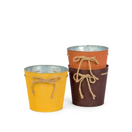 Set/3 Fall Round Tin Planters w/rope ties + liner for wholesale by Willow Group